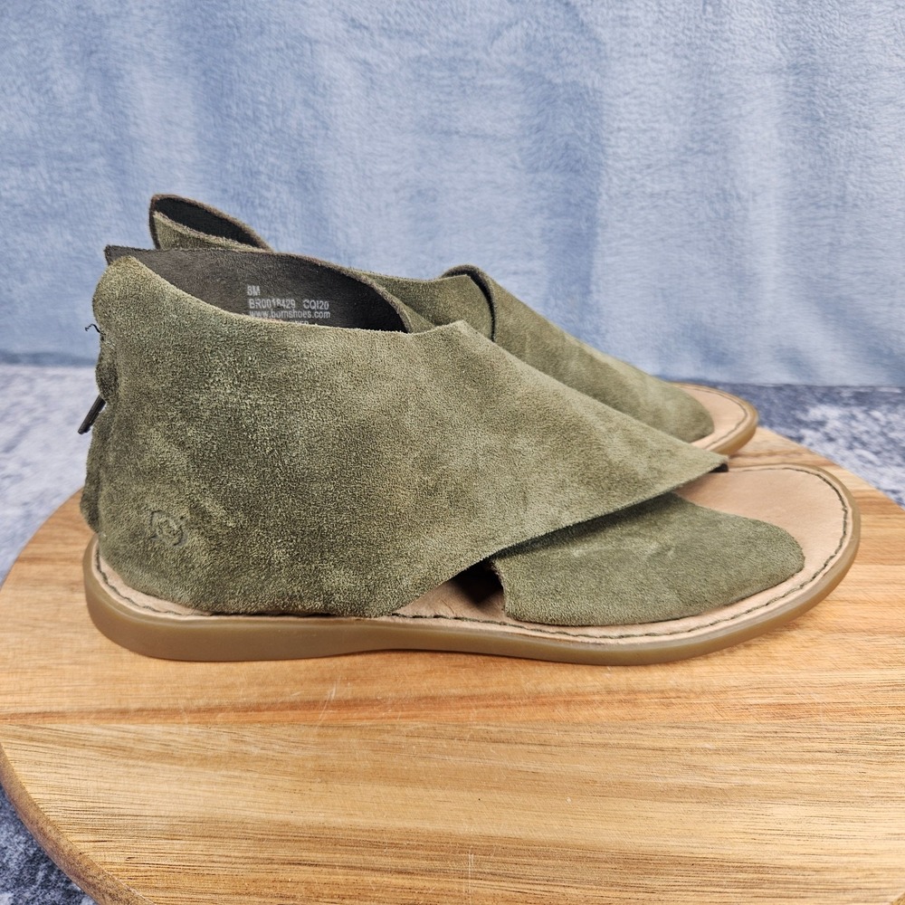 Born Iwa Sandals Nubuck Leather Zip Open Toe Flat Womens Casual Green Shoes 8 M